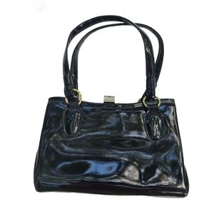 Vintage Womens Black Patent Leather Purse Small Size Kiss Lock Pockets 50's